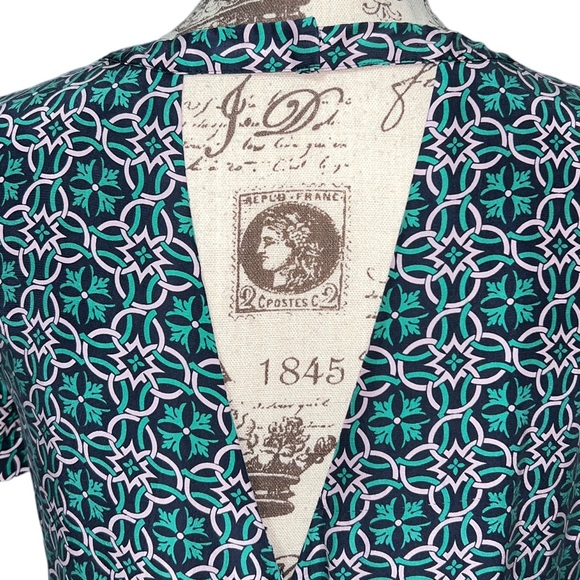 J. Crew Dress Sz 4 Navy Green Medallion Short Sleeve Shift Swoop Neck Lined - Picture 7 of 15